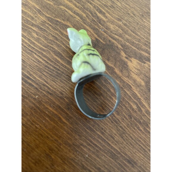 Sad Yellow Tabby Cat Ceramic Ring Grumpy Neon‎ OOAK Adjustable Band Maximalism - Picture 5 of 8